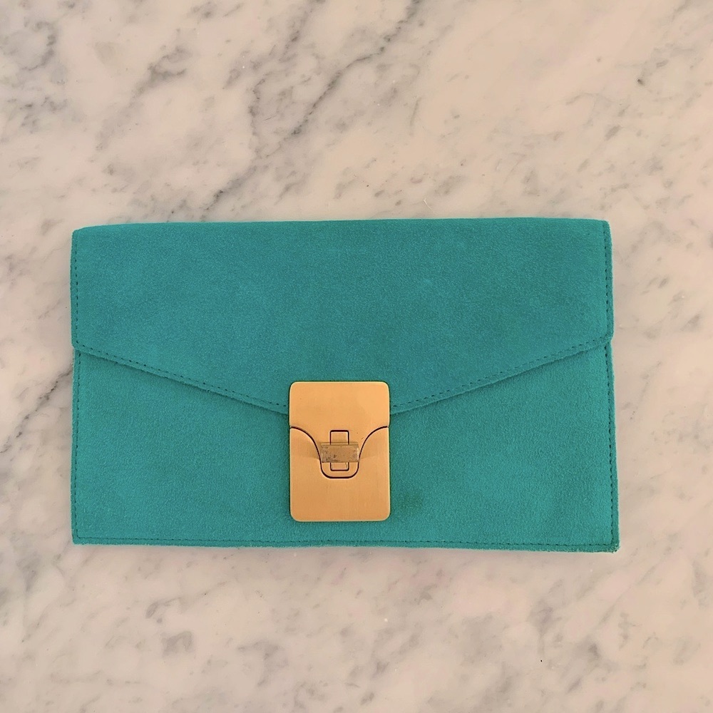 NWT Talbots turquoise suede clutch with inside pocket & gold hardware